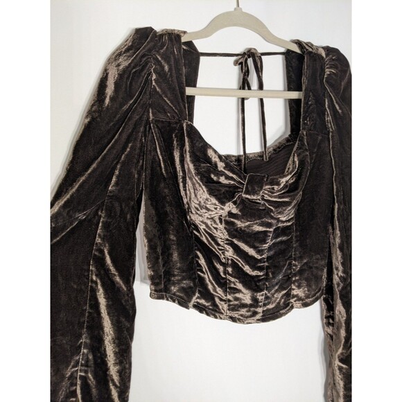 Free People Bridgette Brown Velvet Crop Top  Women's Sz L Puff Sleeve Forest - Picture 3 of 11